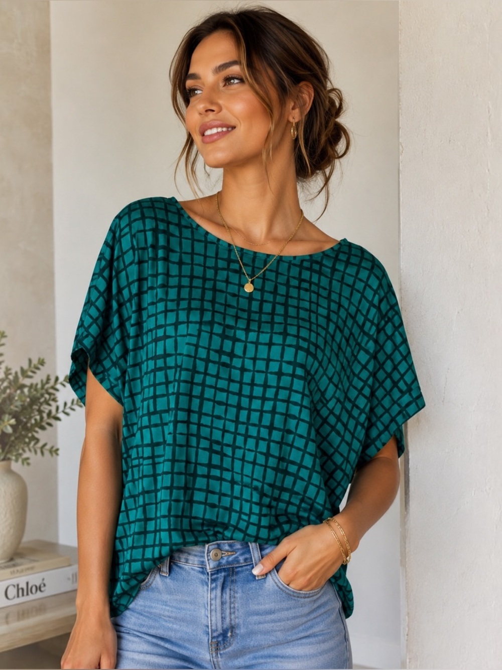 Worthington XXL Green Grid Print Dolman Sleeve Mixed Media Blouse Top